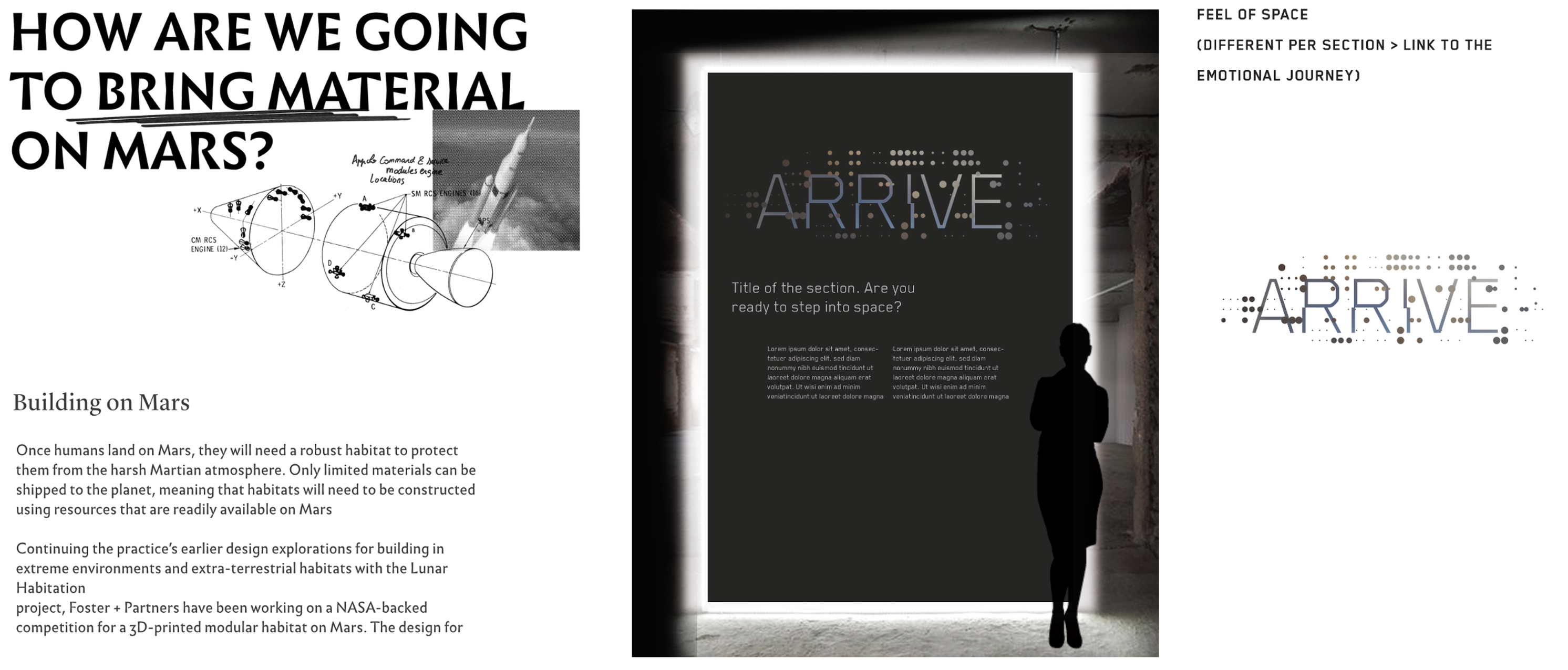 The design of our visual language evolved from an archaic typeface combined with drawings (left), to a more futuristic style (right)