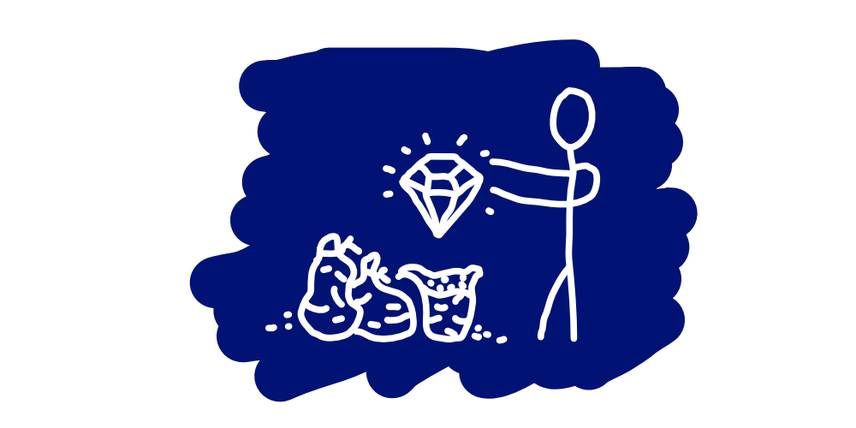 A stick figure that finds a hidden diamond while rifling through some very smelly trash bags.