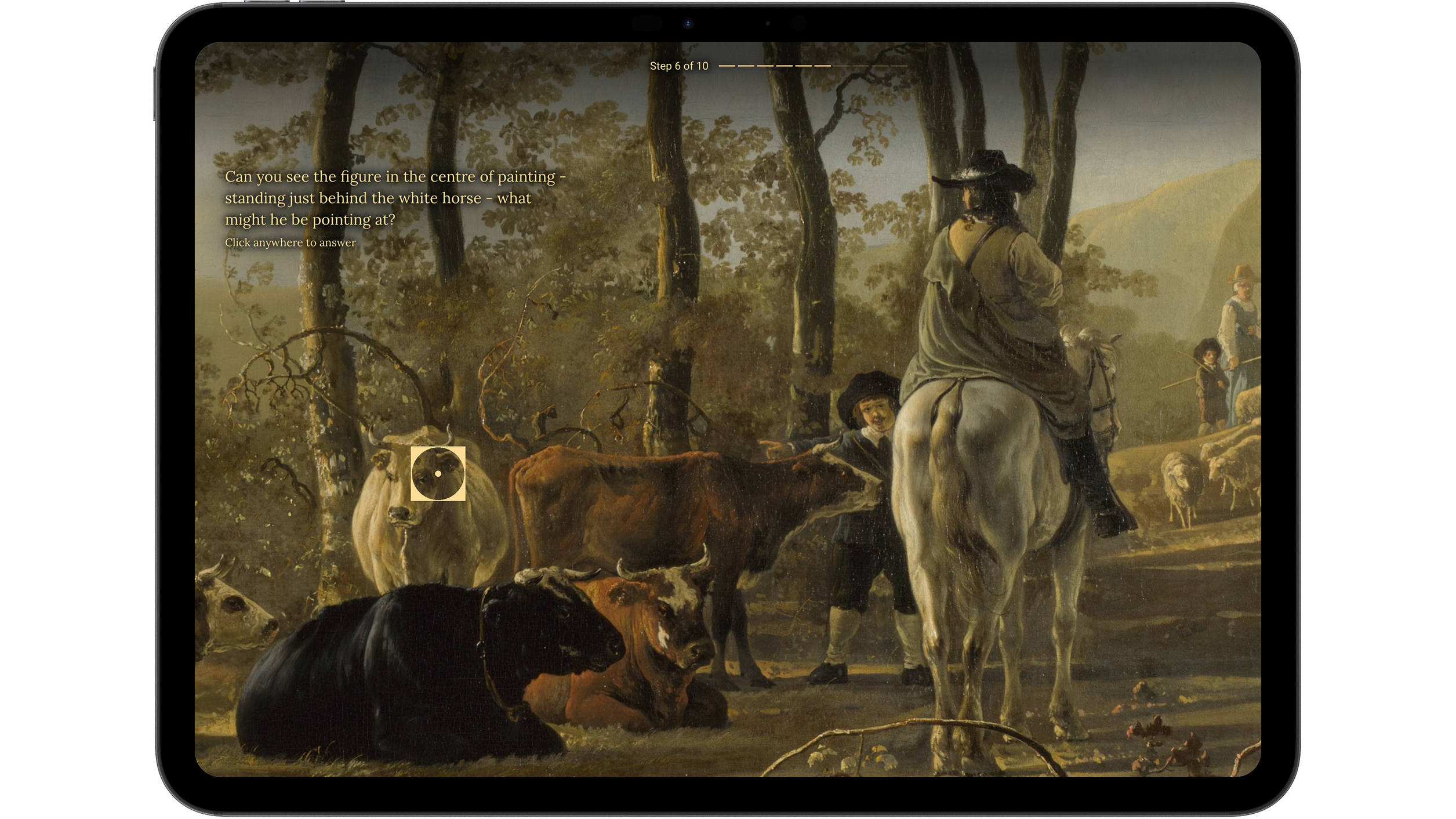The questions are visible in a painting with cows