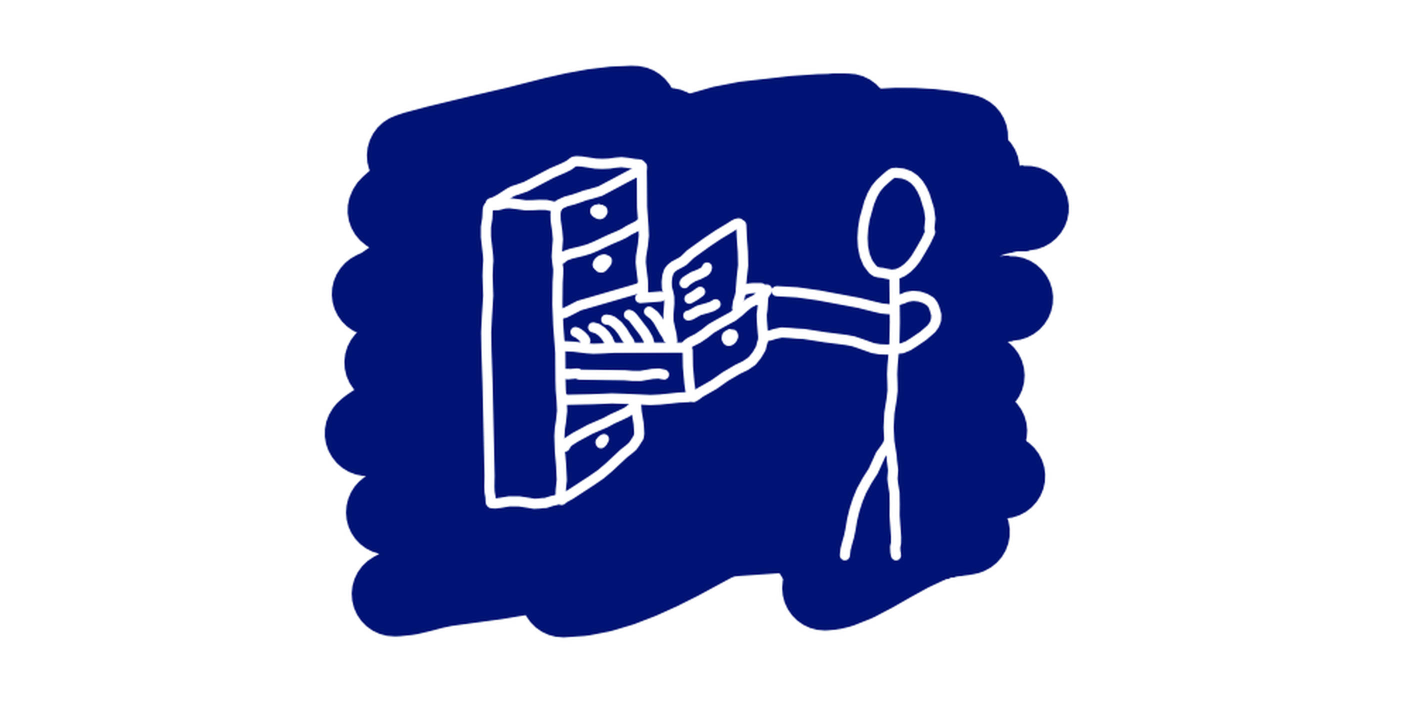A stick figure that searches through a stuffy drawer for the right file.