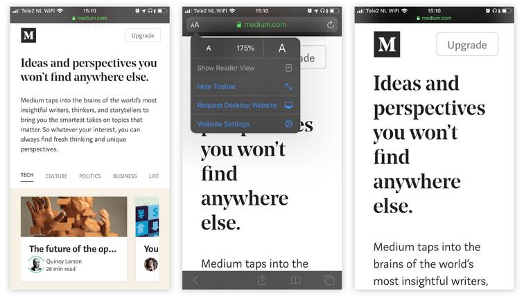 Example of Medium: since iOS13, Safari gives you quick access to text size controls
